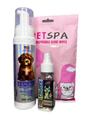 COMBO RÁPIDO DE CUIDADO PARA MASCOTAS (SHAMPOO EN SECO, GUANTES HÚMEDOS Y PERFUME COCONUT)